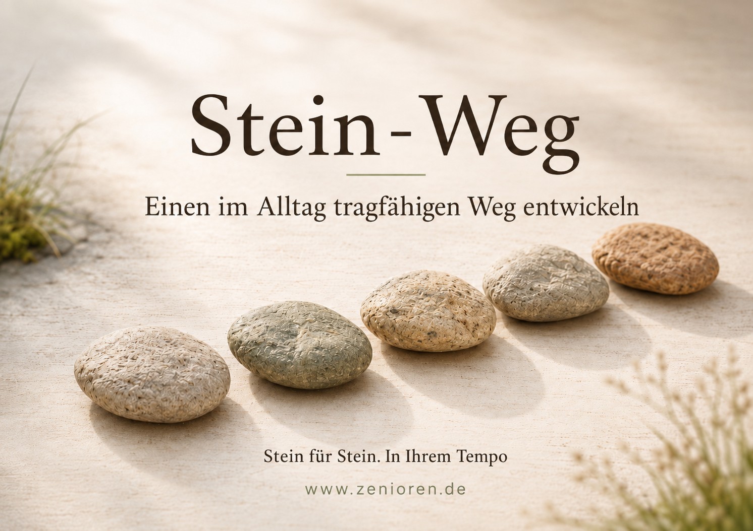 Fünf naturbelassene Steine bilden einen Weg. Bildtext: „Stein-Weg – Einen im Alltag tragfähigen Weg entwickeln.“