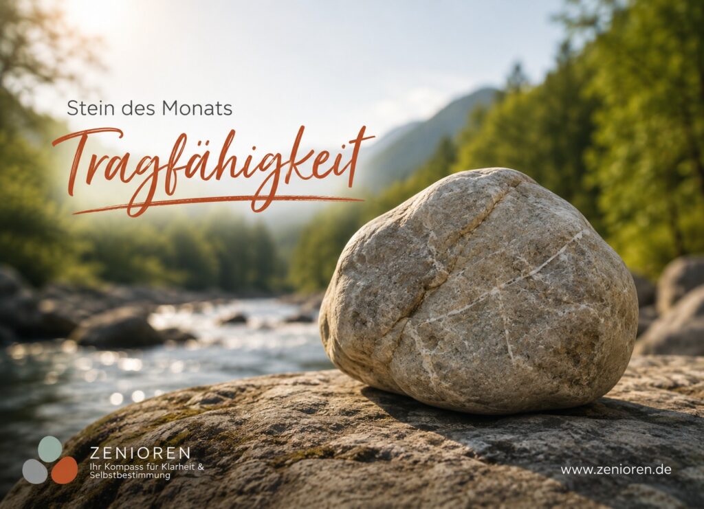 Naturbelassener Zenioren-Stein vor einem hellen Fluss- und Bergpanorama als Symbol für Tragfähigkeit und den eigenen weiteren Weg.