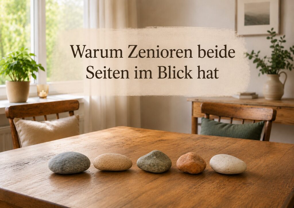 Zwei Plätze an einem hellen Holztisch mit fünf naturbelassenen Zenioren-Steinen als Bild für eigenen Willen, gemeinsame Klärung und Verantwortung.
