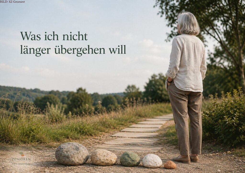 Zenioren Blogbild mit einer älteren Rückenfigur an einem klaren Wegabschnitt und fünf naturbelassenen Markensteinen im Vordergrund als Symbol für den eigenen Willen und das, was nicht länger übergangen werden soll.