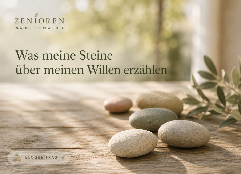 Zenioren Blogbild mit fünf naturbelassenen Steinen in einer ruhigen Spur als Symbol dafür, wie Erfahrungen und Prägungen den eigenen Willen sichtbar machen.