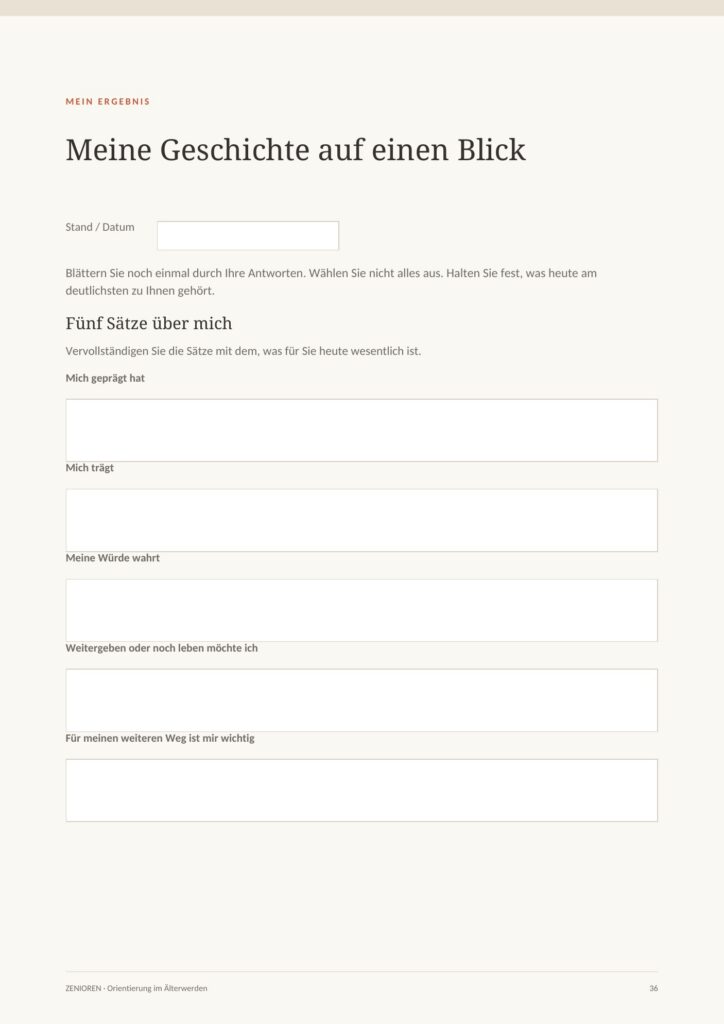 Einblick in den Zenioren Wegweiser "Meine Geschichte. Meine Steine. Mein Wille. Ein persönlicher Wegweiser für das was Sie geprägt hat.