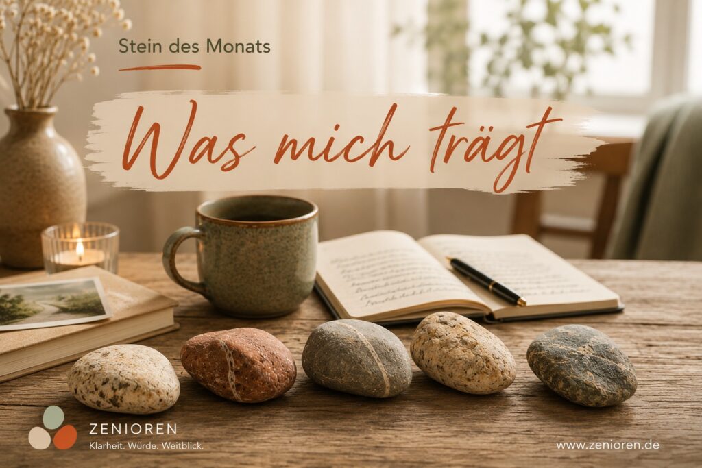 Fünf naturbelassene Zenioren-Steine auf einem warmen Tisch mit Notizbuch und Tasse als Symbol für Erfahrungen, Werte und das, was im eigenen Leben trägt.