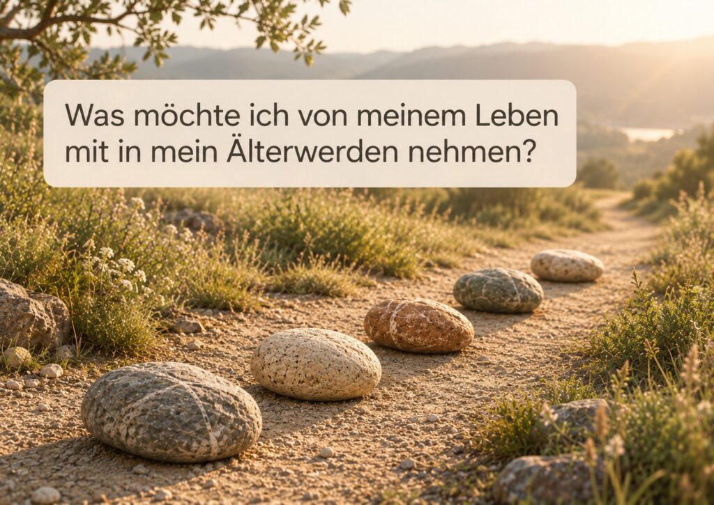 Fünf naturbelassene Steine auf einem Weg als Bild für das, was aus dem eigenen Leben weitertragen soll.