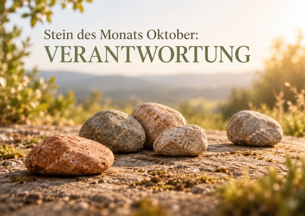 Fünf naturbelassene Steine mit unterschiedlichem Abstand auf hellem Untergrund als Bild für Verantwortung, Zuständigkeit und bewusste Abgrenzung.