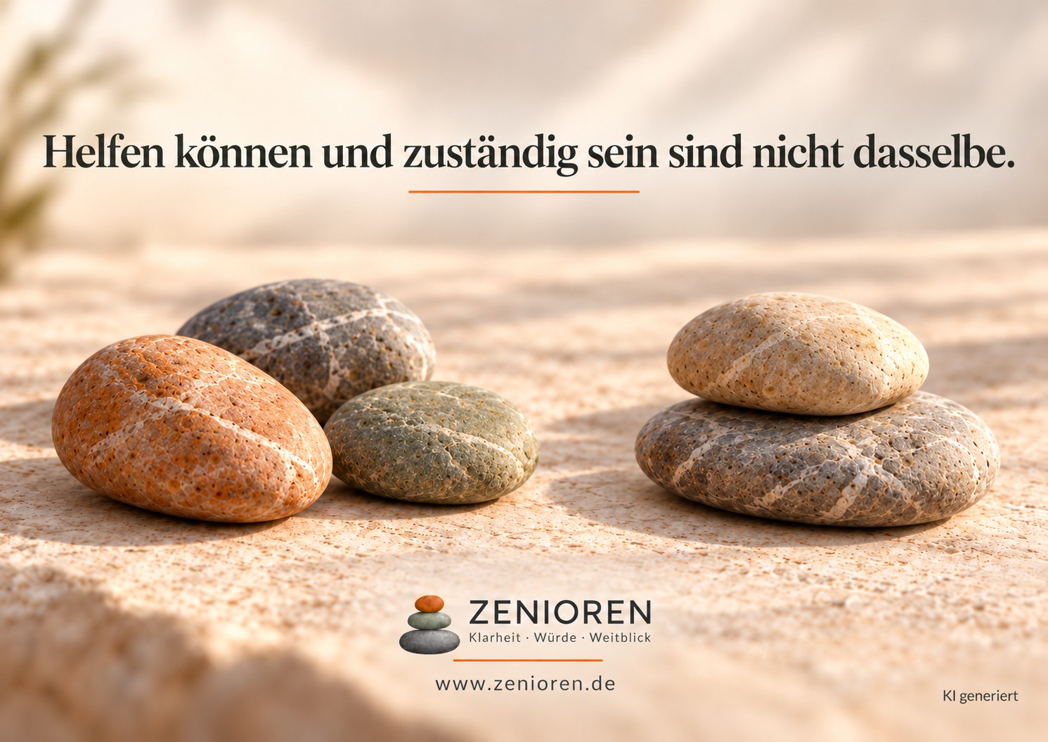 Fünf naturbelassene Zenioren-Steine in zwei bewusst getrennten Gruppen als Sinnbild dafür, dass helfen können und zuständig sein nicht dasselbe sind.